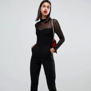 French Connection Lea Mesh Black Polka Dot Jumpsuit Sz 4